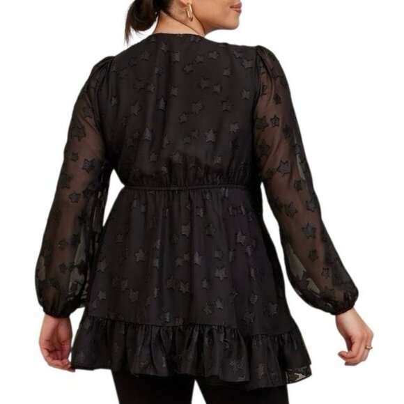 Torrid 2 Top Lurex Star Surplice Ruffle Hem Black Plus Size 2X V Neck Long Slv - Picture 2 of 14